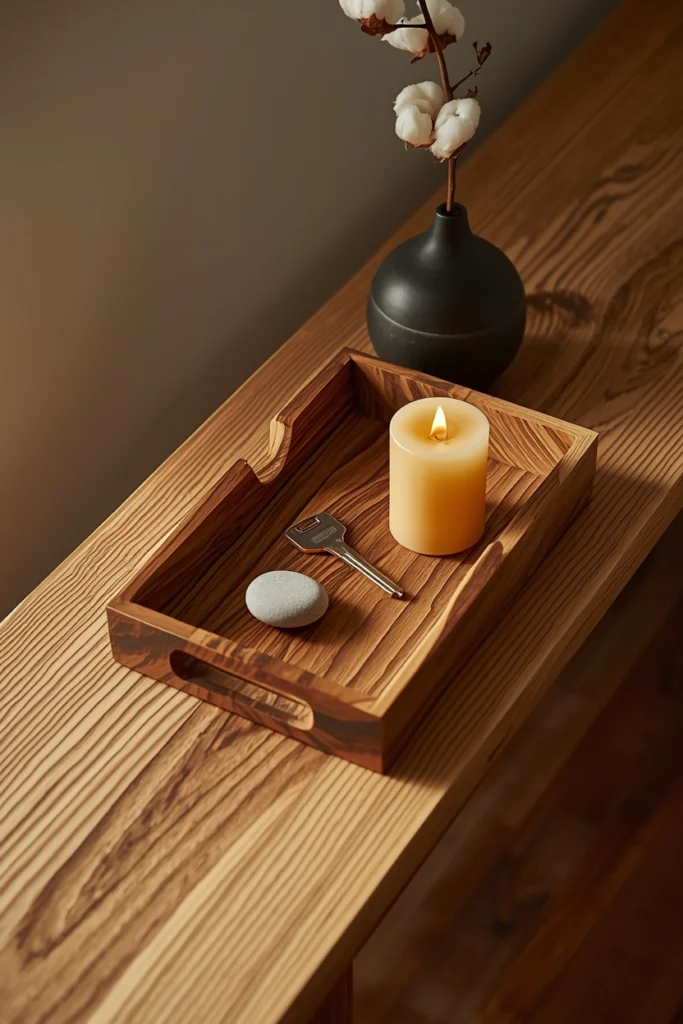 A Japandi hallway console surface close-up showing one olive wood catchall tray with a key, river stone, and candle, beside a single matte charcoal ceramic bud vase with a dried cotton stem