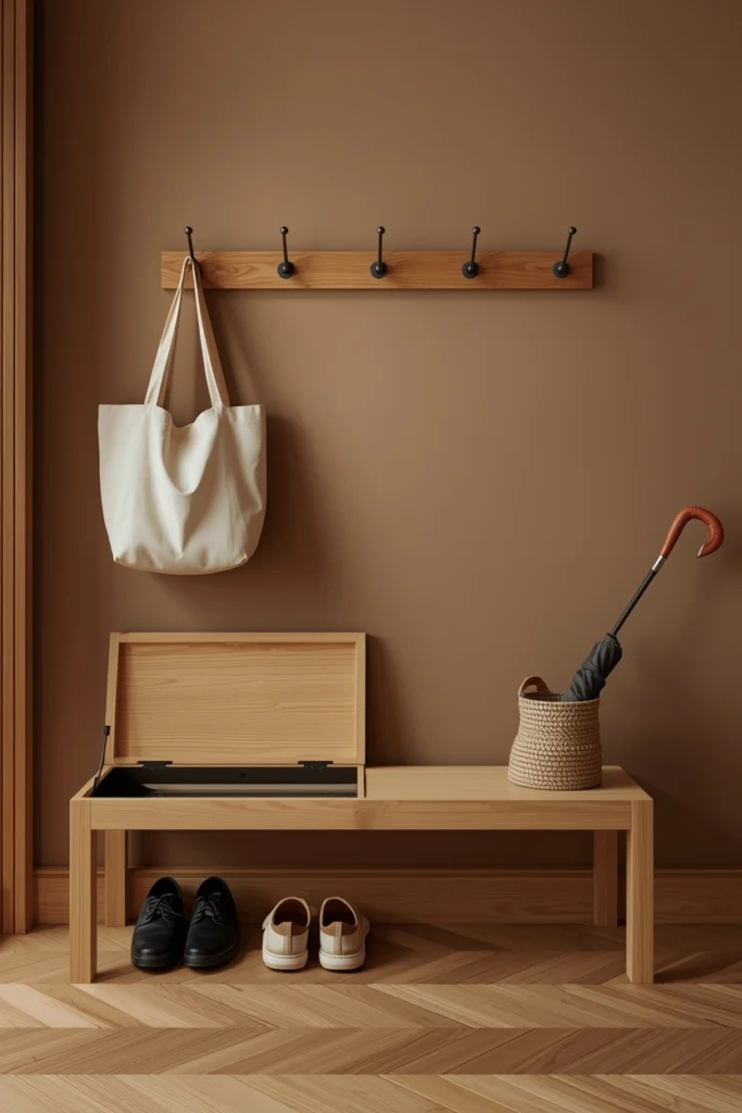 A Japandi hallway storage bench in solid white oak with a hinged lid revealing concealed storage, three oak wall hooks with only one linen bag hanging, and a clear herringbone floor