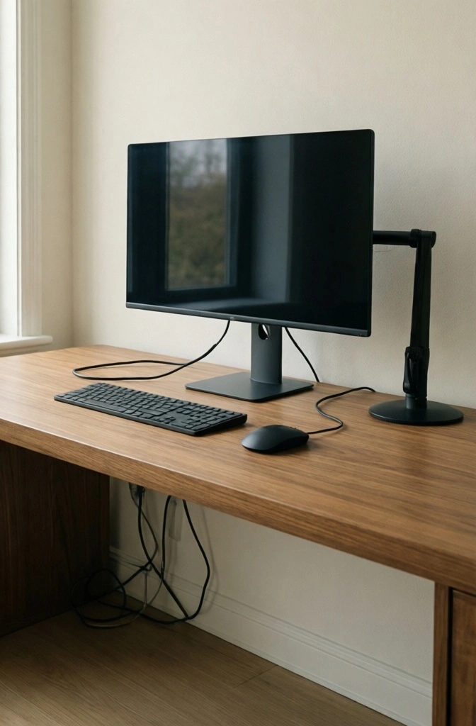 A completely cable-free Japandi home office desk with a floating monitor arm and zero visible wires.