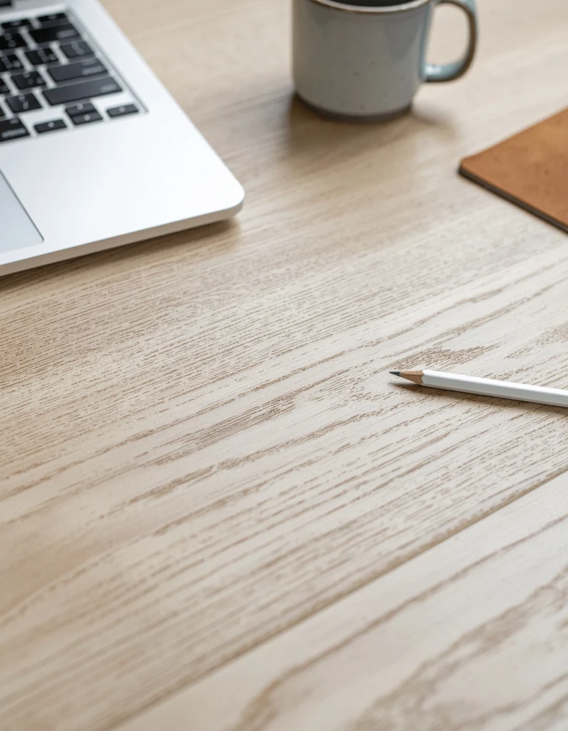 Close-up of a matte white oak desk with a ceramic mug, leather desk mat, and open laptop — a perfectly minimal Japandi workspace