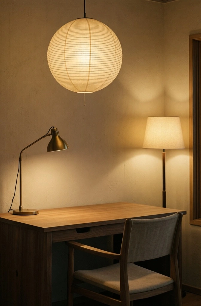 A Japandi home office at evening with a Noguchi washi paper pendant, brass task lamp, and warm layered 2700K lighting