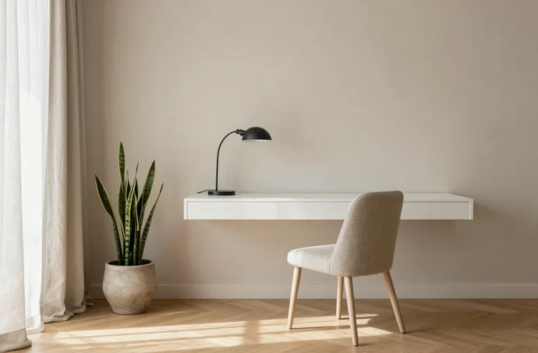 Wide-angle view of a complete Japandi home office with a white oak floating desk, oat linen chair, and morning light through a linen curtain