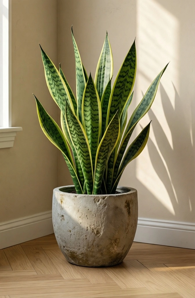 A sculptural snake plant in a matte stone ceramic pot catching morning light in a Japandi home office corner