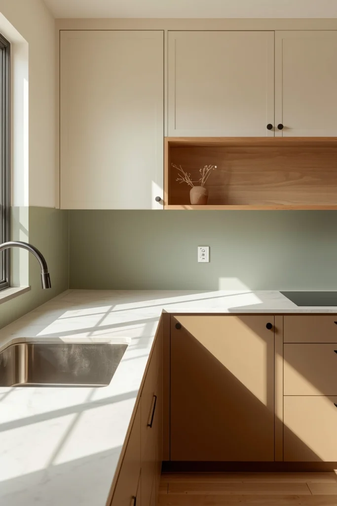 A Japandi kitchen with two-tone cabinets — warm off-white uppers and muted sage lower cabinets with honed travertine countertop and matte black hardware