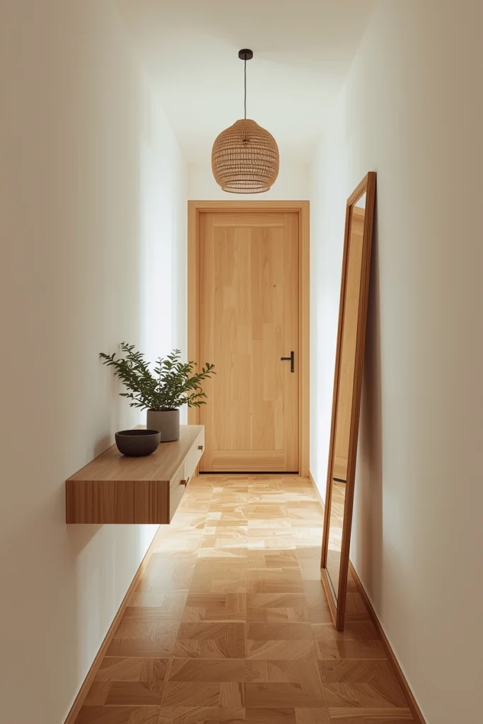 A small Japandi hallway with a floating wall-mounted white oak console keeping the floor completely clear, a leaning rattan mirror, and a washi pendant light making the narrow space feel open