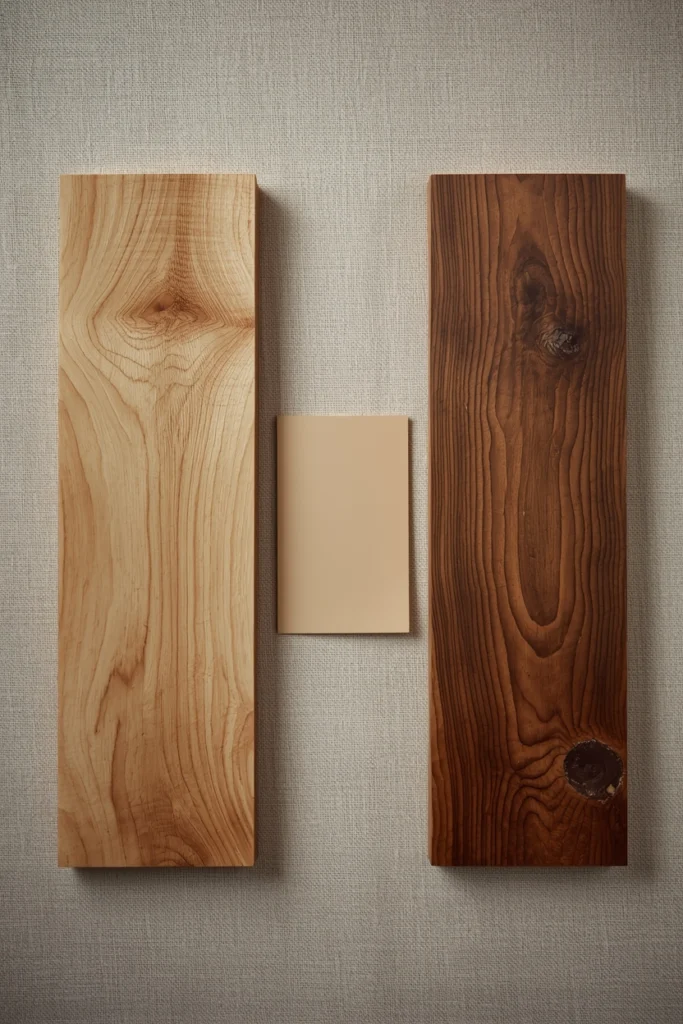 A side-by-side flat lay of white oak and walnut wood samples on raw linen showing the two foundational Japandi wood tones and their warm grain variations