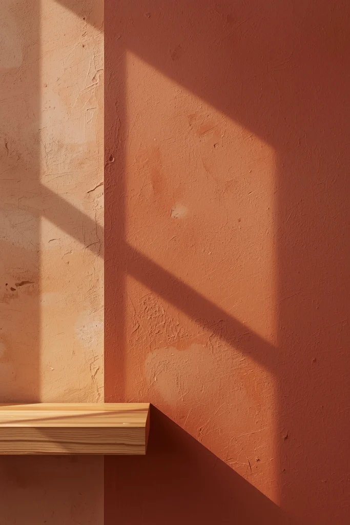 Close-up macro photograph of a limewash plaster wall in warm clay showing tonal variation and mineral texture as morning light catches the surface