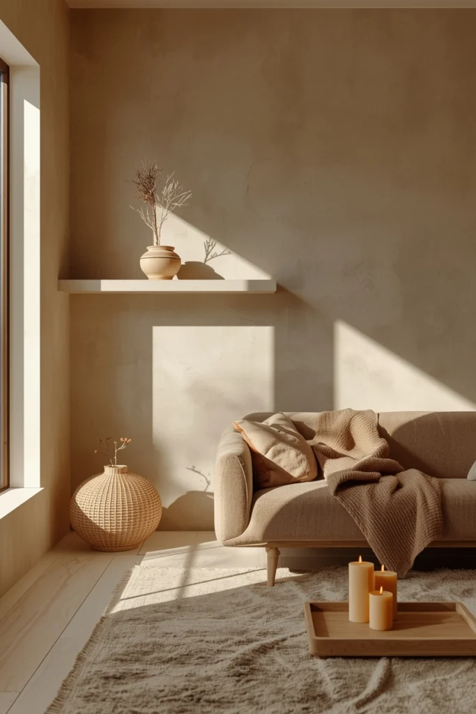 A Scandinavian-Japandi warm minimalist hybrid living room combining Japanese limewash walls and white oak shelving with Scandinavian bouclé sofa, merino throw, beeswax candles, and natural wool rug