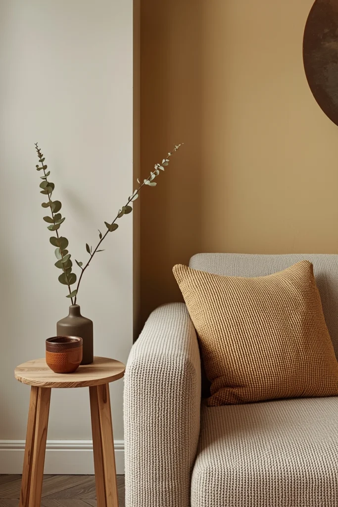 A Scandinavian living room color palette detail showing warm greige limewash walls harmonizing with an oatmeal bouclé sofa arm, medium oak side table, terracotta ceramic, and dried eucalyptus
