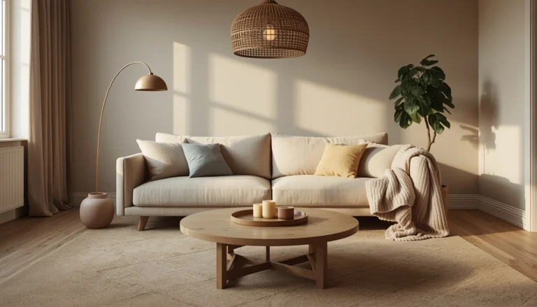 A warm Scandinavian living room with a deep-seated oatmeal bouclé sofa, chunky merino wool throw, round oak coffee table with beeswax candles, rattan pendant, arc floor lamp, and a fiddle leaf fig in warm greige surroundings