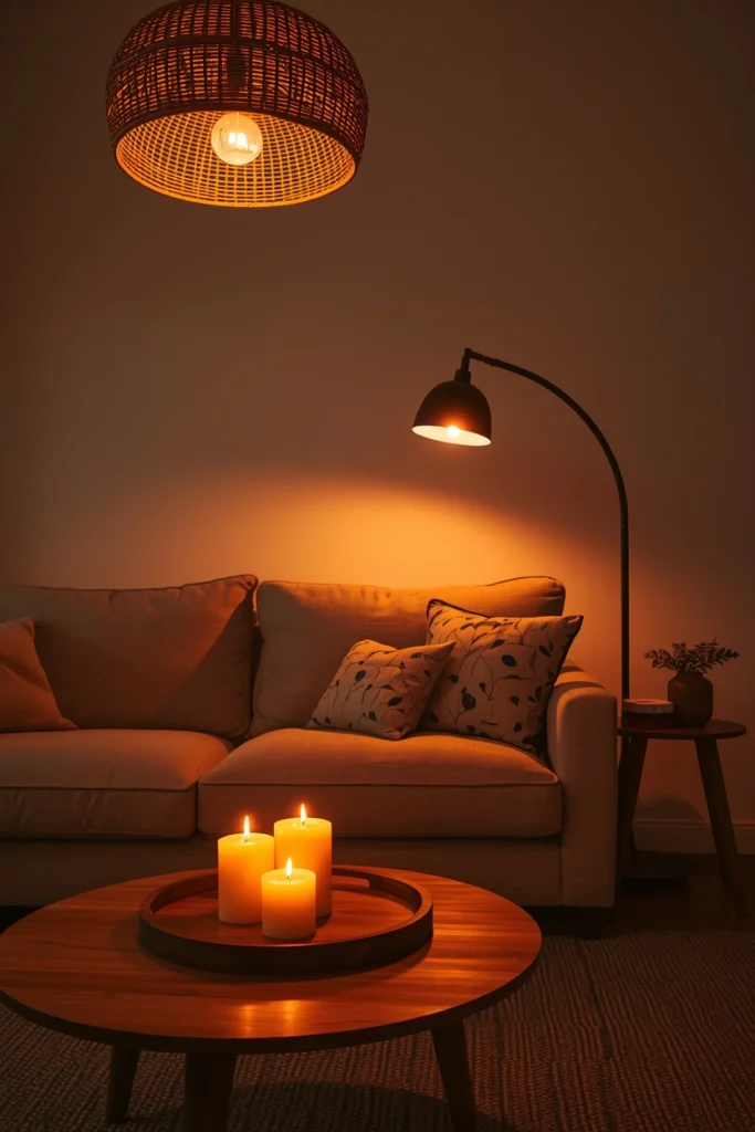 A Scandinavian living room at dusk with all four lighting layers active — a rattan pendant at 2700K, an arc floor lamp over the sofa, three beeswax candles at 1800K on the coffee table, and a ceramic table lamp below eye level