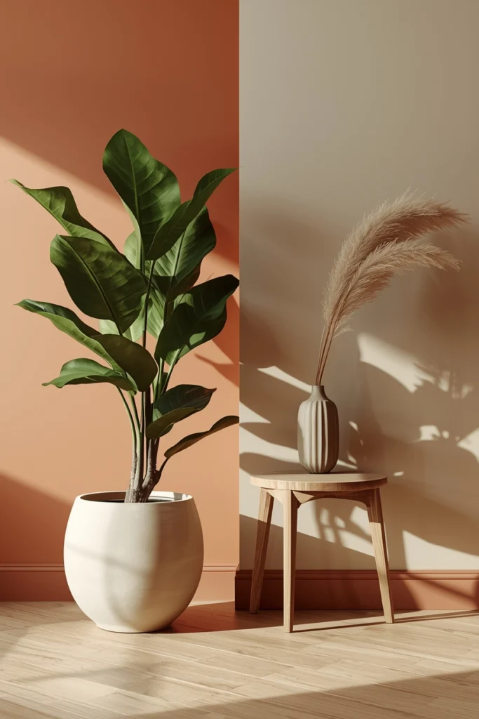 A Scandinavian living room plant arrangement showing a large fiddle-leaf fig in a matte ceramic pot against a warm greige wall alongside a dried pampas stem in a matte stone ceramic vase on an oak side table