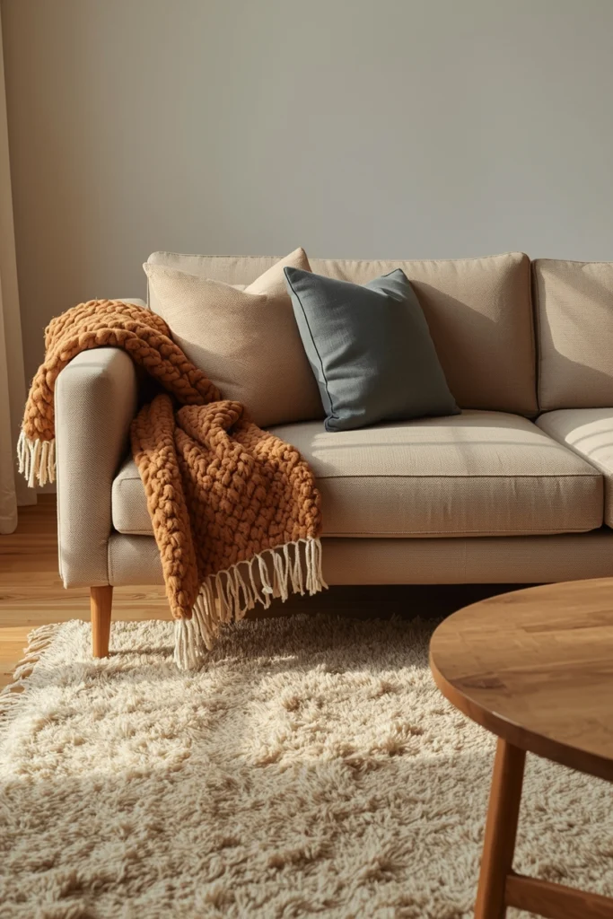 A deep-seated Scandinavian oatmeal bouclé sofa with solid tapered oak legs, a chunky merino wool throw draped naturally over one arm, and three asymmetrically arranged cushions including one muted dusty blue accent