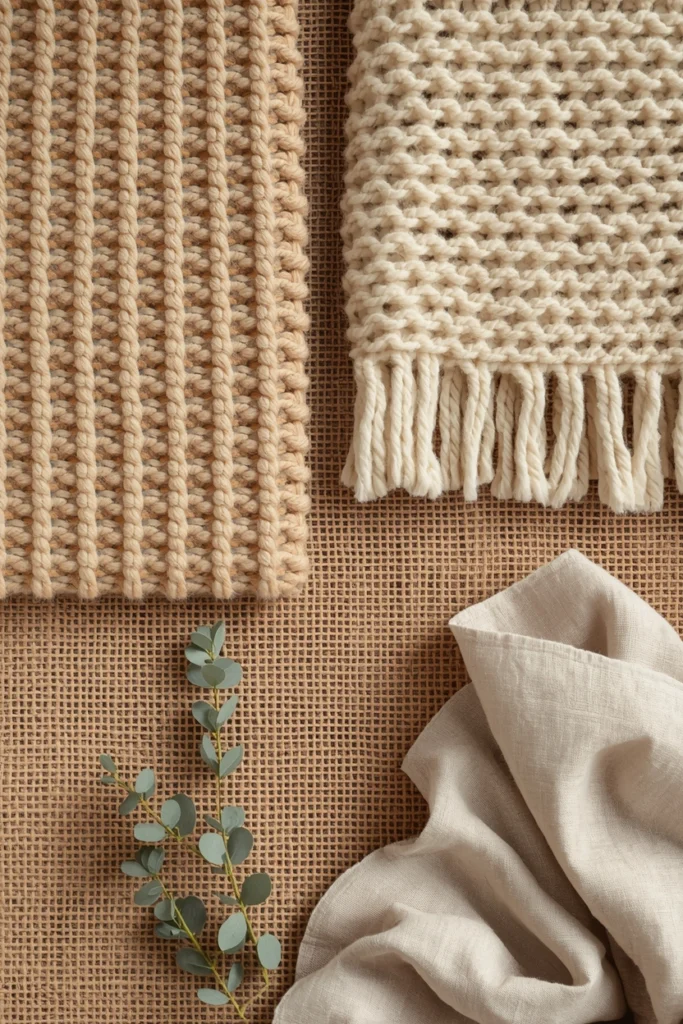 A Scandinavian textile flat lay showing four layers side by side — oatmeal bouclé fabric, chunky merino wool knit, natural jute-wool rug weave, and stonewashed linen — the four tactile foundations of hygge