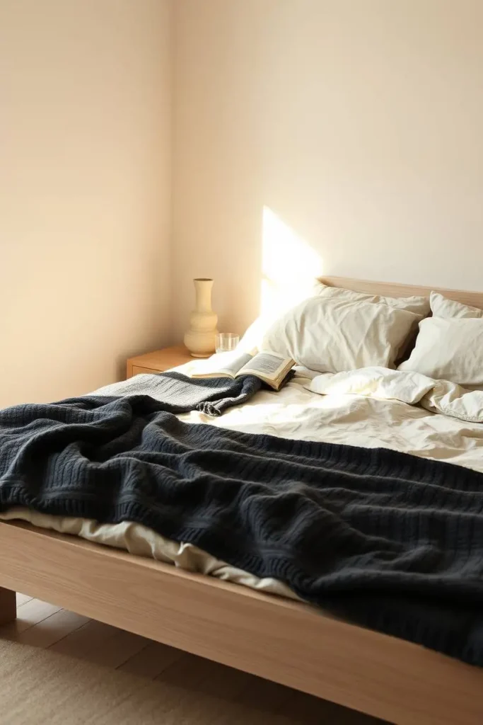 A wabi-sabi bedroom with naturally rumpled undyed stonewashed linen bedding, a matte white oak bed frame, and a handmade ceramic lamp on a clear bedside surface
