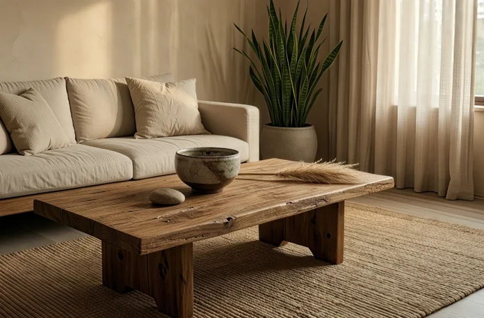 wabi-sabi-home-decor-2026-guide-hero A wabi-sabi living room with a reclaimed oak coffee table, raku ceramic bowl, oat linen sofa, and limewash plaster walls in warm clay
