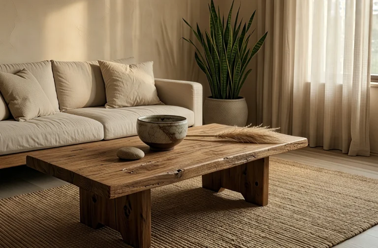 A wabi-sabi living room with a reclaimed oak coffee table, raku ceramic bowl, oat linen sofa, and limewash plaster walls in warm clay