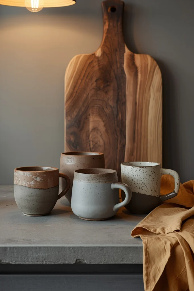 Four mismatched handmade ceramic mugs in raku glaze, stoneware, and speckled clay beside a worn olive wood chopping board on a honed stone counter