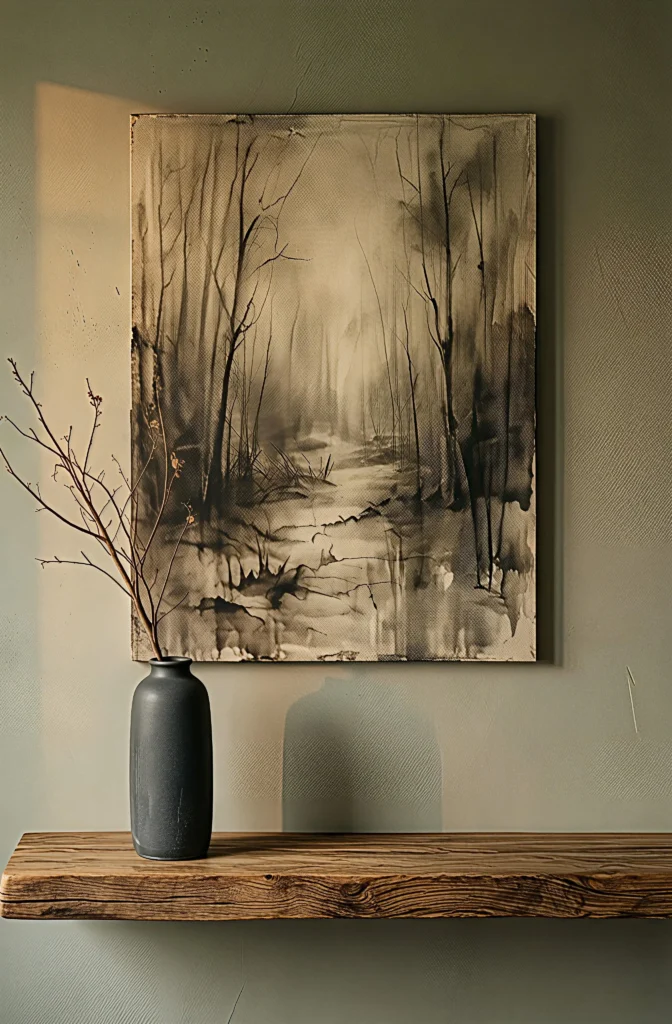 A single piece of art on a limewash plaster wall with generous negative space and one dried branch in a matte charcoal ceramic vase on a reclaimed oak shelf