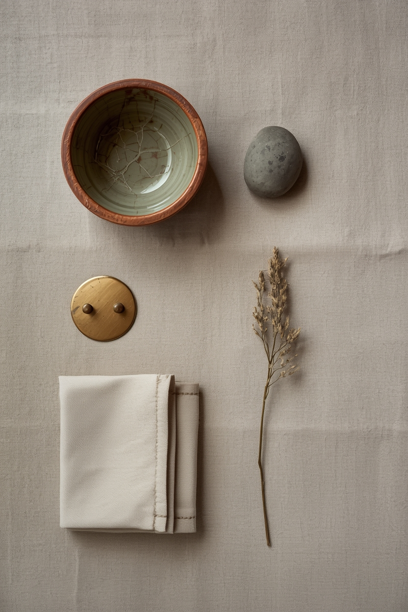 A flat lay of wabi-sabi materials including a raku ceramic bowl with crackle glaze, unlacquered brass with natural patina, a river stone, raw linen swatch, and dried botanicals
