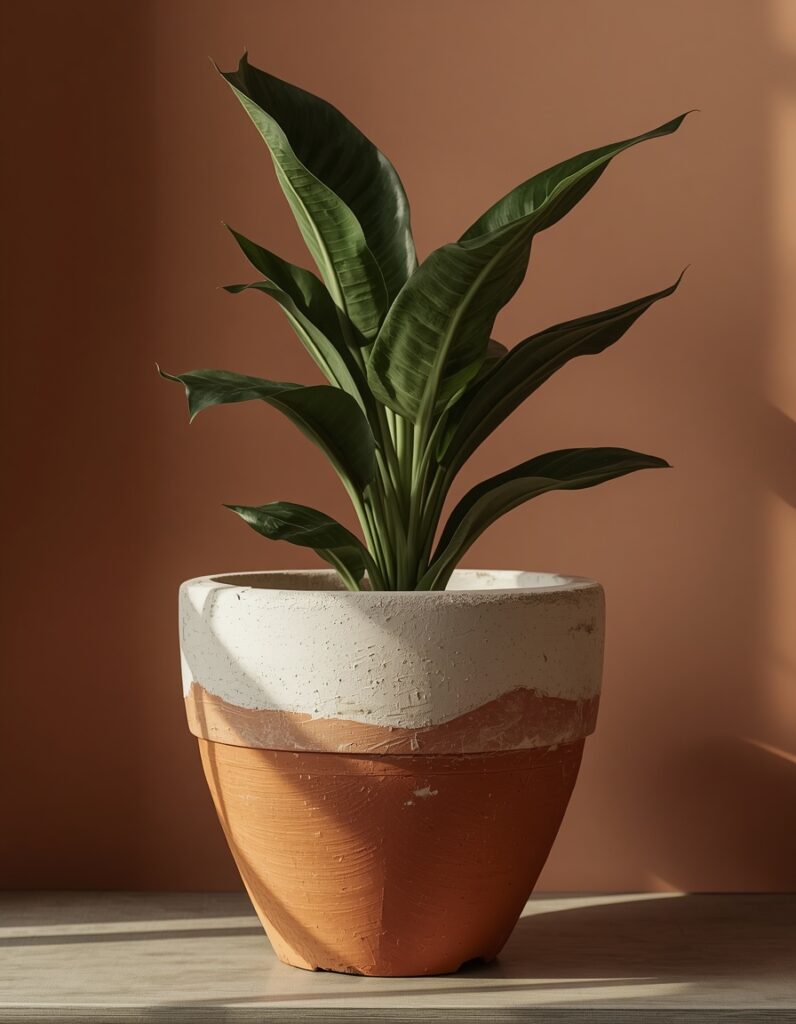 An aged terracotta pot with natural chalky white mineral patina on its exterior from months of proper watering, holding a rubber plant with large dark green leaves, against a warm greige wall — the patina most visible at the mid-point and rim where moisture evaporation is highest