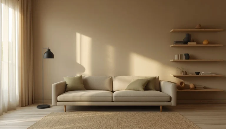 A complete Japandi living room with warm greige limewash walls in Accessible Beige equivalent, white oak shelving, oat linen sofa, sage cushion, and morning light revealing the warm yellow undertone of the paint