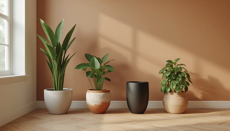 A warm minimalist living room corner showing four planter materials at different heights — a raw concrete cylinder with snake plant, aged terracotta with rubber plant showing white mineral patina, matte black ceramic with fiddle leaf fig, and woven seagrass basket with trailing pothos — all against warm greige limewash walls on oak herringbone flooring
