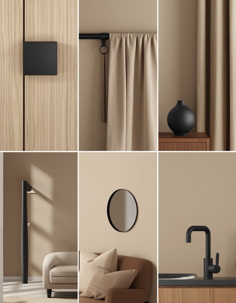 A six-panel editorial grid showing matte black accents in six room positions — cabinet pull on white oak door, curtain rod with linen panel, ceramic lamp base, round mirror frame, furniture leg on linen sofa, bathroom faucet on white oak vanity — all matte, all against warm neutral backgrounds