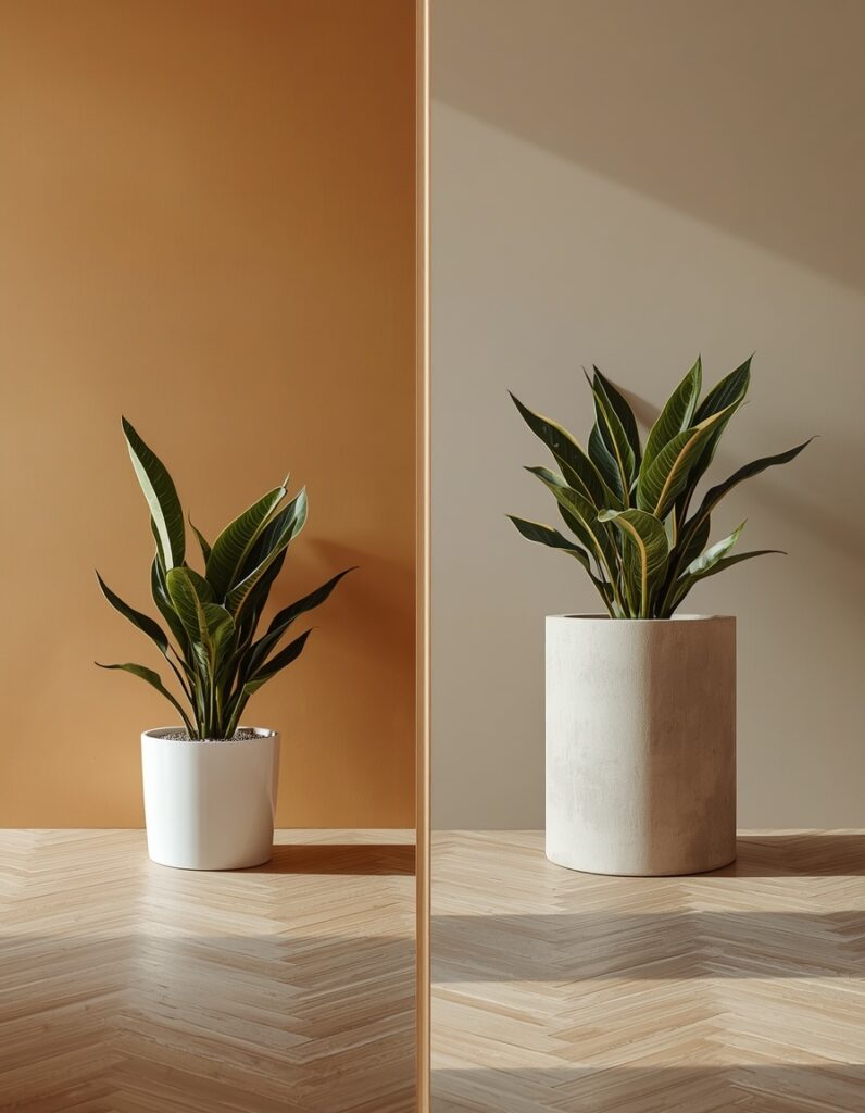 A split-panel comparison showing an identical snake plant in a small glossy white plastic nursery pot on the left looking temporary and unresolved, versus the same plant in a 16-inch raw concrete cylinder on the right looking permanent and architecturally intentional — same plant, completely different room presence