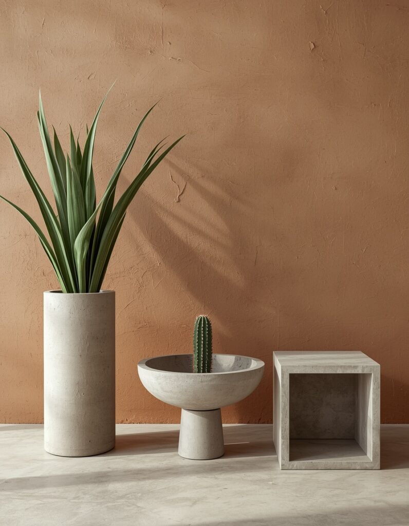 Three raw concrete planters in three different forms — a tall 16-inch cylinder holding a snake plant, a wide shallow bowl with a small cactus, and an empty concrete cube — arranged against a warm greige limewash wall showing the scale range and surface texture of concrete planters