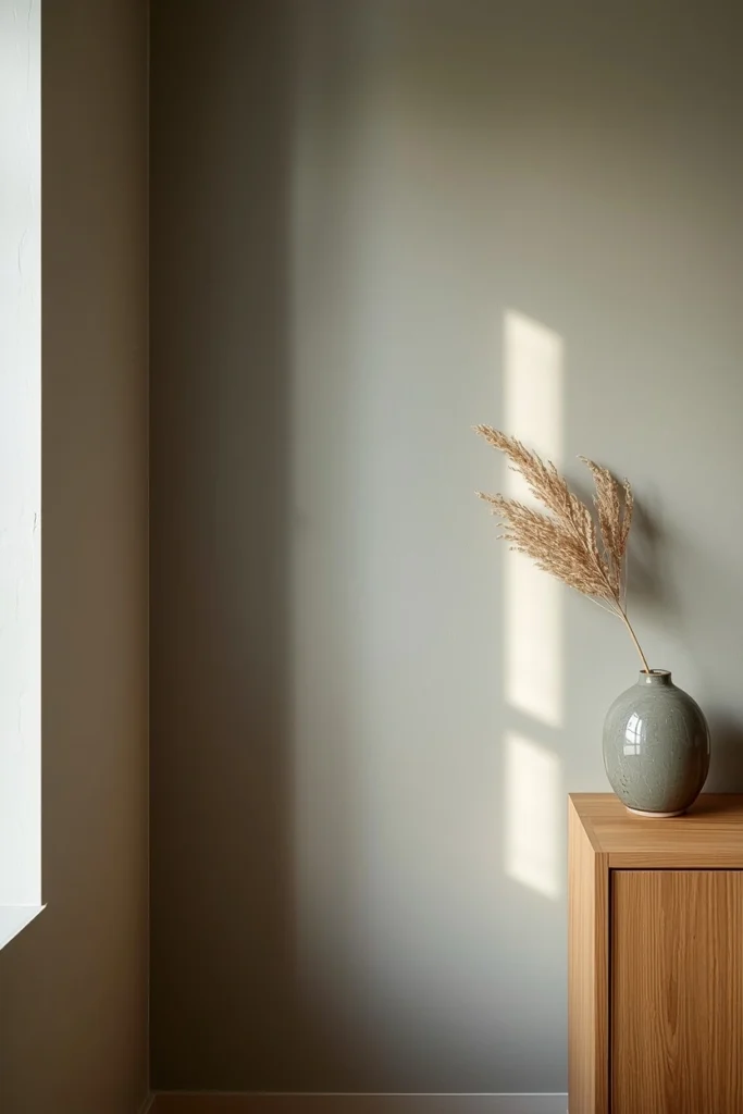 A Japandi living room wall in warm gray-green equivalent to Farrow & Ball Elephant's Breath showing its complex tonal shift between gray, green, and beige as morning light falls across it at different angles