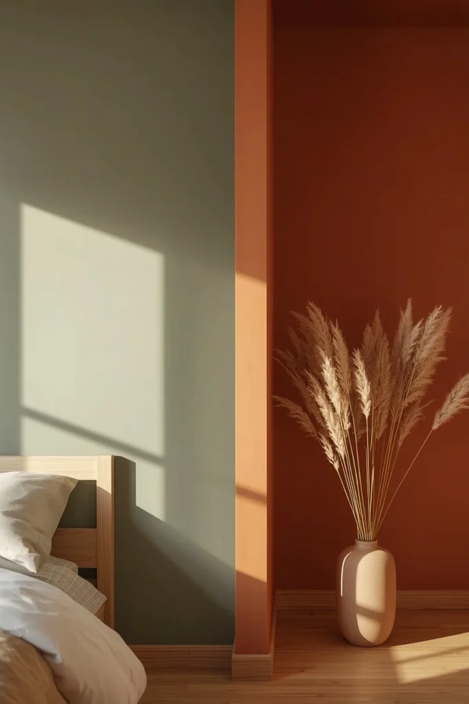 A split composition showing two Japandi accent wall options — muted sage green equivalent to Saybrook Sage on the left with white oak bed frame, and warm terracotta clay equivalent to Cavern Clay on the right with a ceramic floor vase