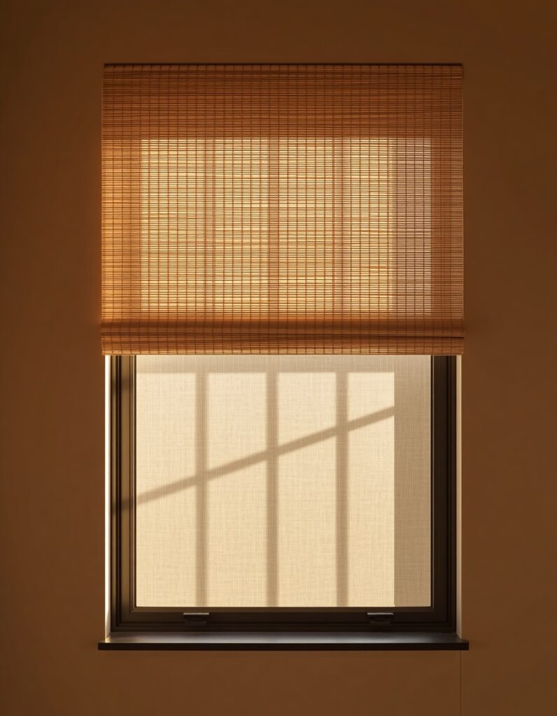 A natural bamboo woven Roman shade partially lowered on a Japandi window with afternoon sun passing through the bamboo weave creating a grid of warm light points on the adjacent greige wall, with a sheer linen panel layered in front on a ceiling-mounted matte black rod