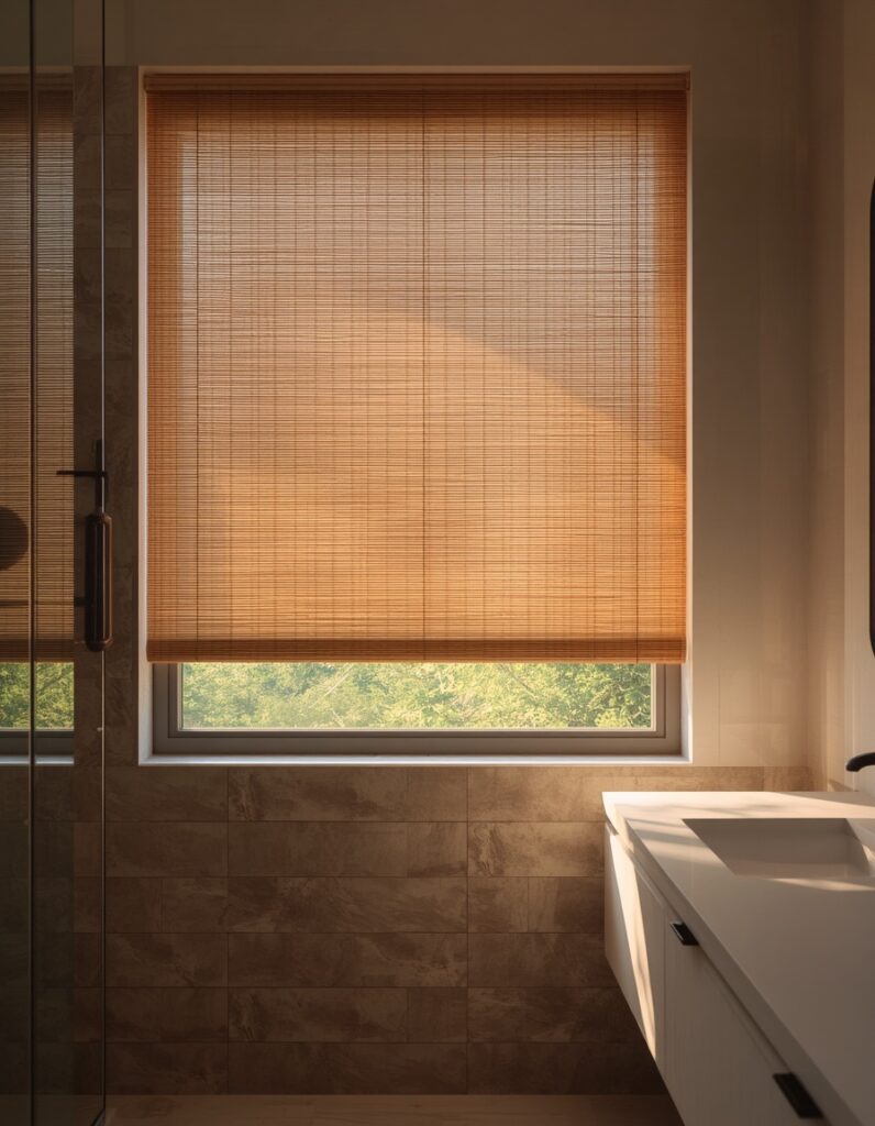 A Japandi bathroom window with a fully lowered natural bamboo woven shade creating warm scattered light points across matte stone-look tiles and the edge of a white oak floating vanity, the bamboo weave texture clearly visible with matte black hardware