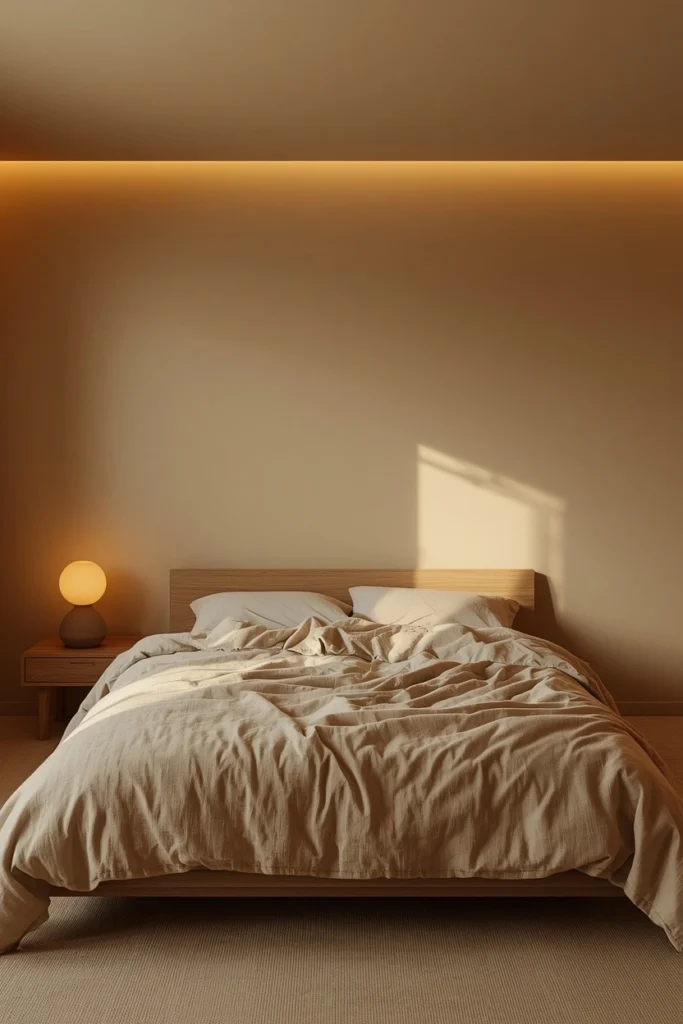 A Japandi bedroom using color drenching with walls, ceiling, and trim all in the same warm greige equivalent to Accessible Beige, eliminating the harsh wall-ceiling line, with a white oak platform bed and naturally rumpled linen bedding