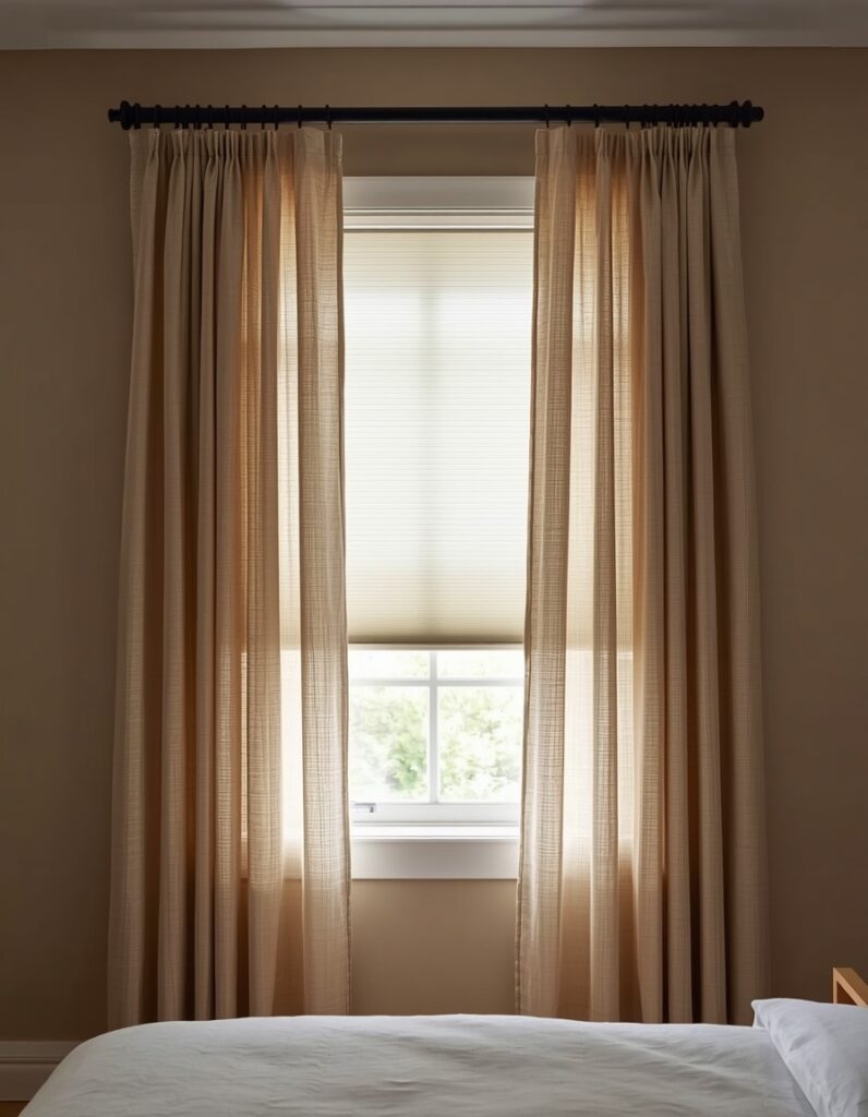 A Japandi bedroom window showing the two-layer treatment — floor-to-ceiling sheer linen panels in undyed oat on a ceiling-mounted matte black rod in front with a white cellular blackout shade mounted inside the frame behind, partially visible at the linen edges