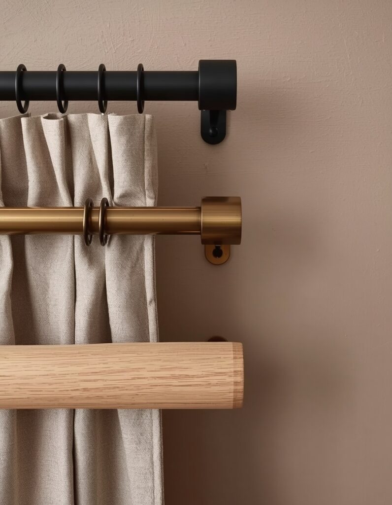 A Japandi curtain hardware comparison showing three options against a warm greige limewash wall — slim matte black rod with rings at top, unlacquered brass rod showing natural patina in the middle, and a white oak wooden rod at bottom, each with undyed linen panels