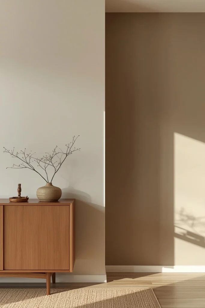 Two adjacent Japandi greige wall tones — lighter Accessible Beige equivalent on the main wall with a medium oak sideboard, and slightly deeper Pale Oak equivalent on the adjacent wall — both warm-toned in morning natural light