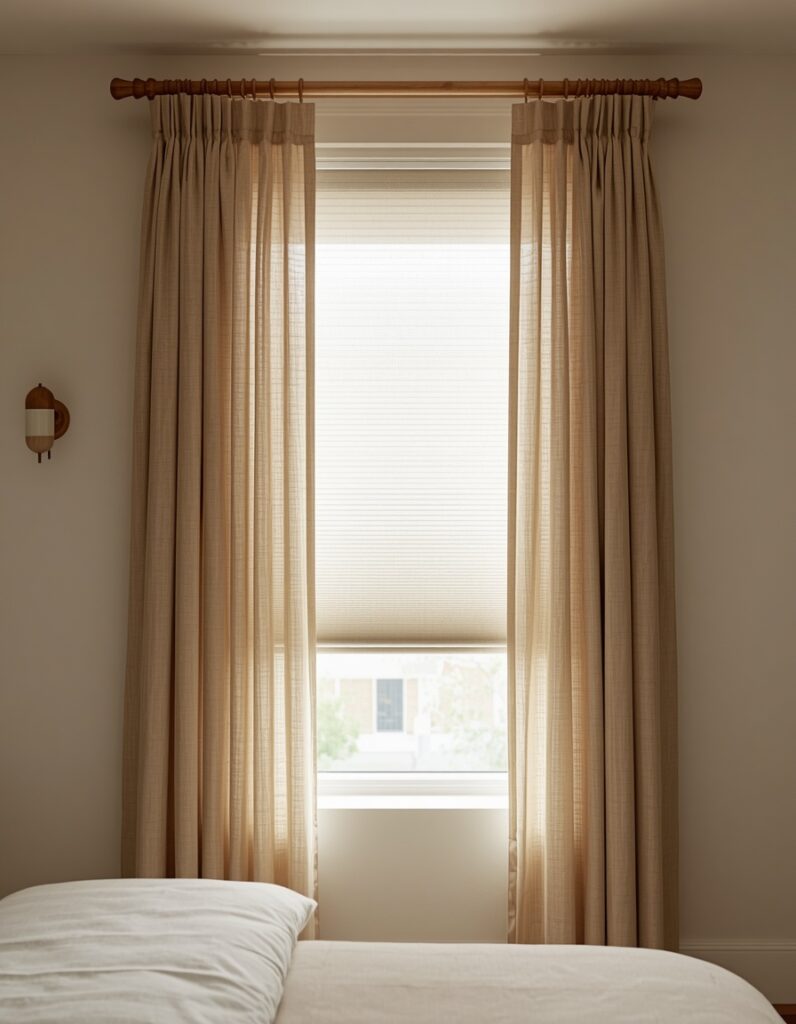 A Japandi guest room window with floor-to-ceiling sheer linen panels in undyed oat on a natural wood ceiling-mounted rod slightly open, revealing a white cordless cellular blackout shade behind in the lowered position, with a ceramic wall sconce beside the window