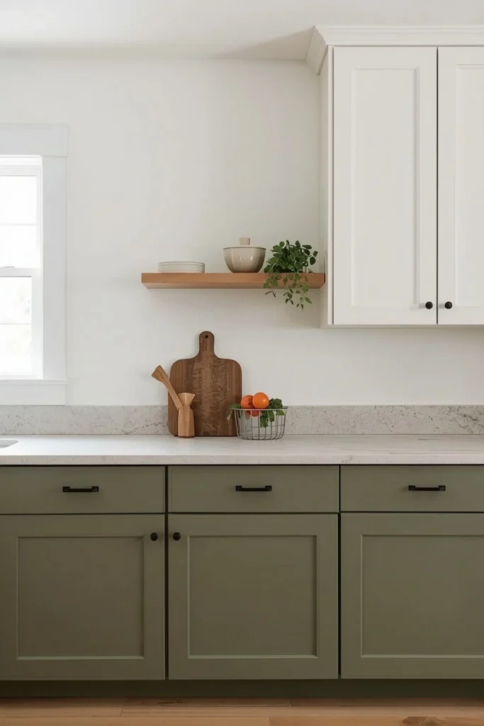 A Japandi kitchen with warm off-white upper cabinets in White Dove equivalent and muted sage lower cabinets in Saybrook Sage equivalent with honed travertine countertop and matte black hardware