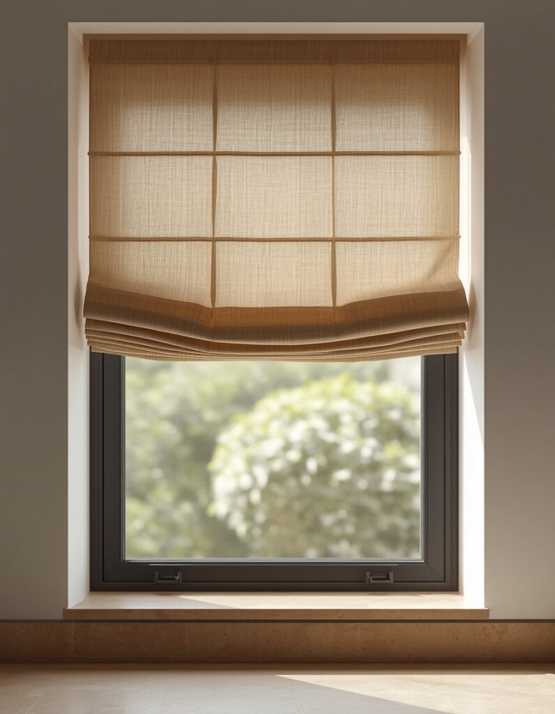 A natural linen Roman shade mounted inside a Japandi kitchen window frame in the raised position showing honest irregular linen fold stacking in warm undyed oat, with honed stone countertop below and matte black hardware