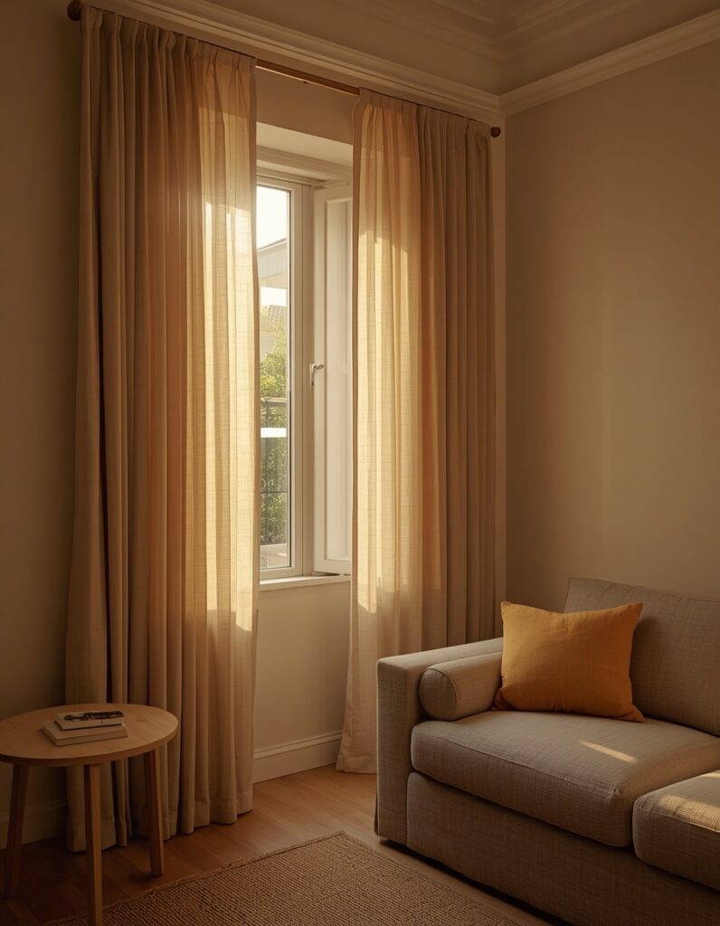 A Japandi living room window in the morning with floor-to-ceiling undyed natural linen panels on an unlacquered brass ceiling-mounted rod, morning sun creating a warm directional glow through the linen that illuminates the greige wall, white oak table, and jute rug