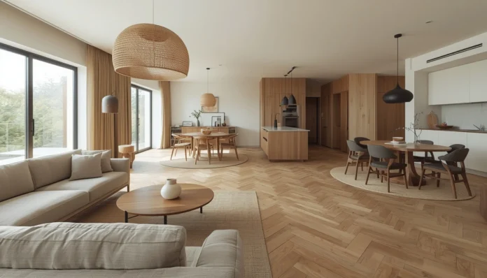 japandi-open-plan-living-room-zoning-guide-hero A Japandi open plan living and dining room showing three distinct zones — a linen sofa with jute rug and rattan pendant defining the living zone, a round oak dining table with wishbone chairs and matte black pendant in the middle, and a warm greige kitchen zone in the background, all connected by continuous herringbone flooring and warm morning light
