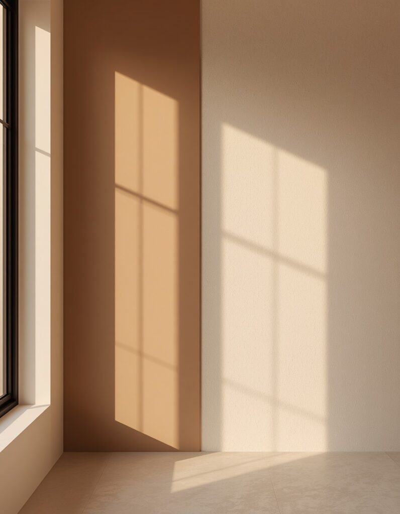 A minimalist wall split between a warm greige Roman clay finish and an organic beige limewash finish, capturing soft natural side-light.
