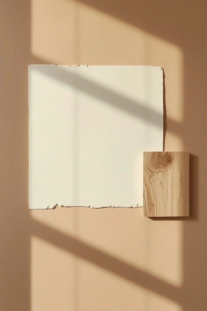 An undertone test showing a warm off-white paint swatch applied directly to a greige wall beside a white oak wood sample — both harmonizing with warm yellow undertones — alongside a cool white chip that clearly fights the wood