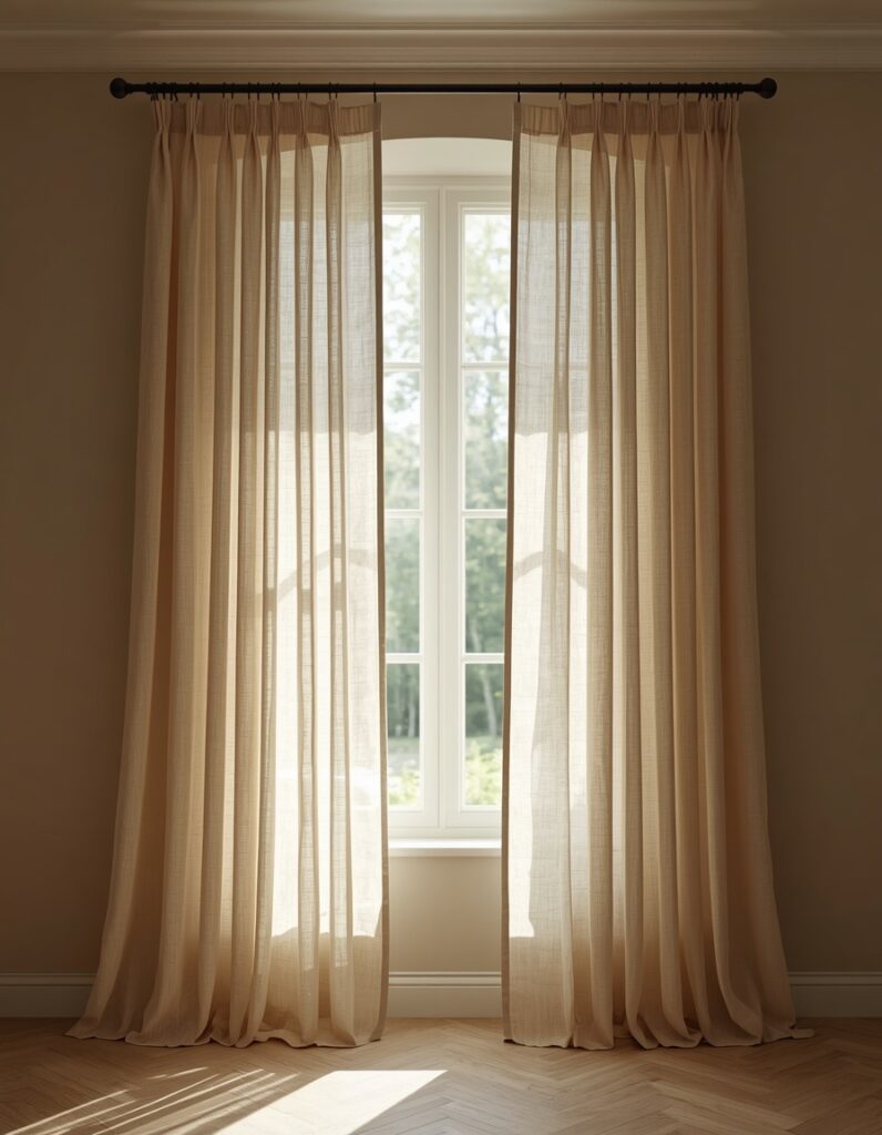 Japandi sheer linen panels in undyed natural oat hung from a ceiling-mounted matte black rod with a full floor-to-ceiling drop and 1-inch floor pool, morning light creating warm irregular texture through the linen weave against a warm greige wall