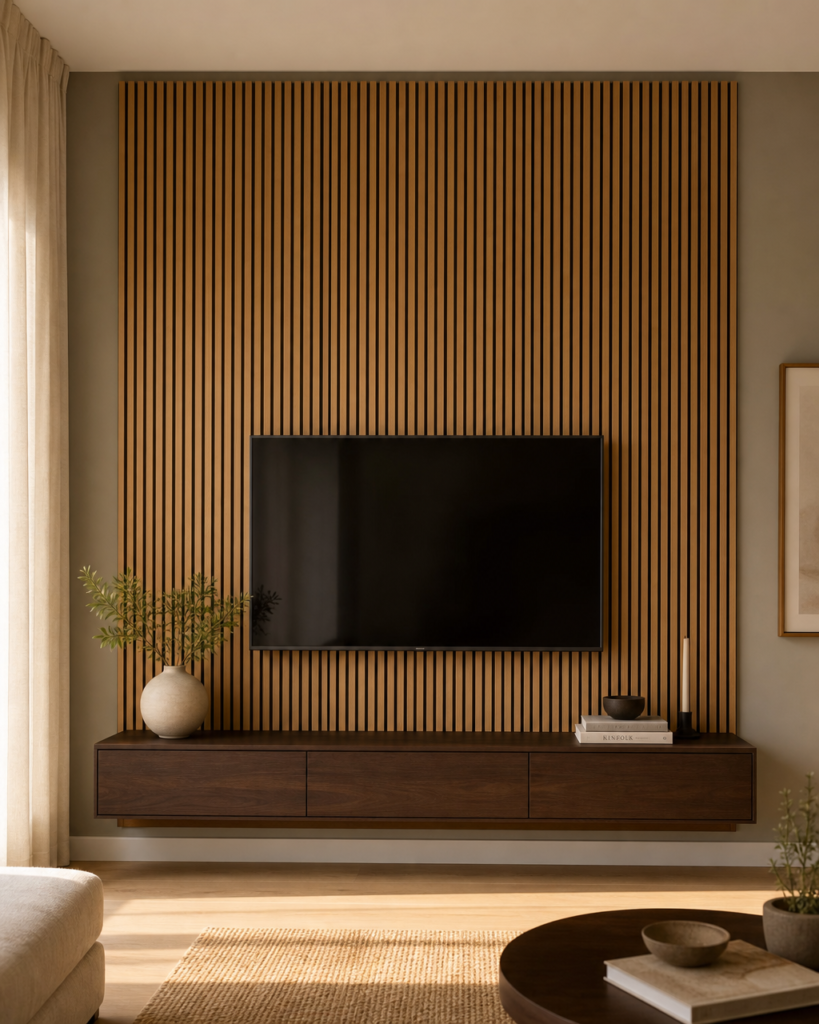 Three prefab oak veneer acoustic slat panels installed side by side on a Japandi living room wall with a television mounted at eye level in the center, black acoustic felt visible in the gaps, near floor-to-ceiling coverage, and a low-profile walnut floating console below