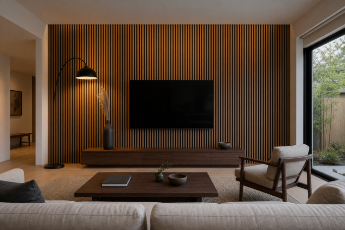 japandi-slatted-wood-tv-wall-2026-guide-hero A complete Japandi living room with a floor-to-ceiling white oak slatted TV wall on a matte black substrate, 65-inch television mounted at eye level, low-profile walnut console with a ceramic vase and dried pampas stem, arc floor lamp, and warm LED under-console glow
