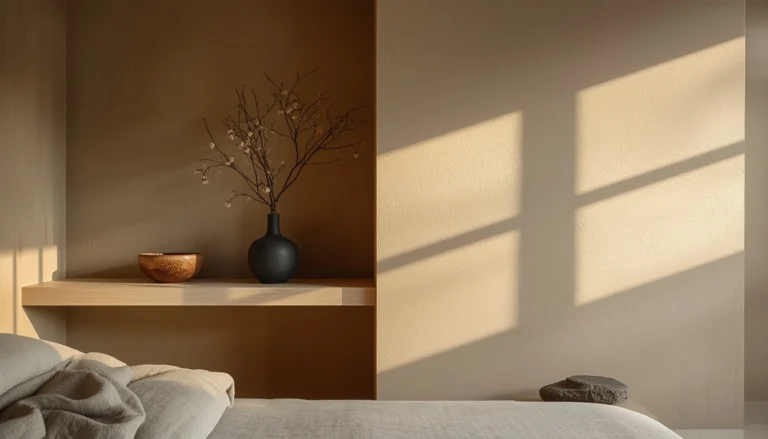 A room combining Japandi architectural framework — warm greige limewash walls, white oak shelf, clean spatial composition — with wabi-sabi objects including a raku ceramic bowl with crackle glaze, dried botanical, and naturally rumpled linen in morning light