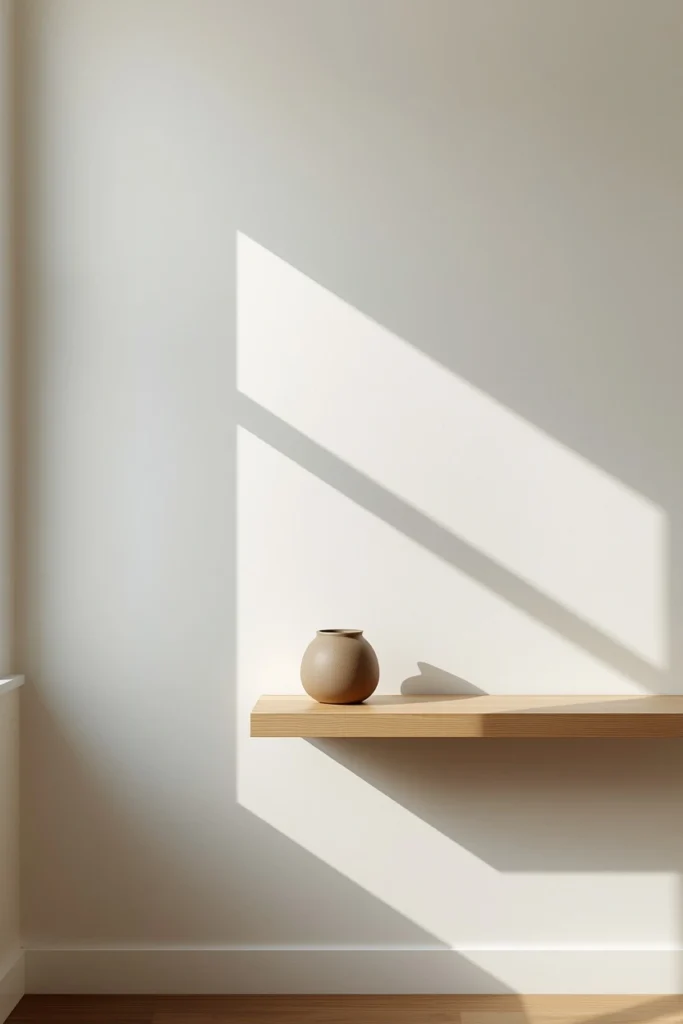 A Japandi interior wall in warm off-white equivalent to Benjamin Moore White Dove with a slim white oak shelf showing how the warm yellow-green undertone makes the oak appear golden rather than yellow